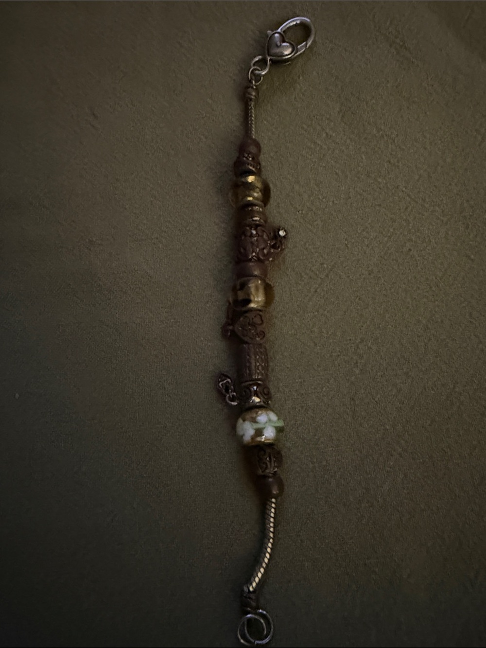 Brown and Gold Beaded Charm Bracelet with Floral Glass Accent
